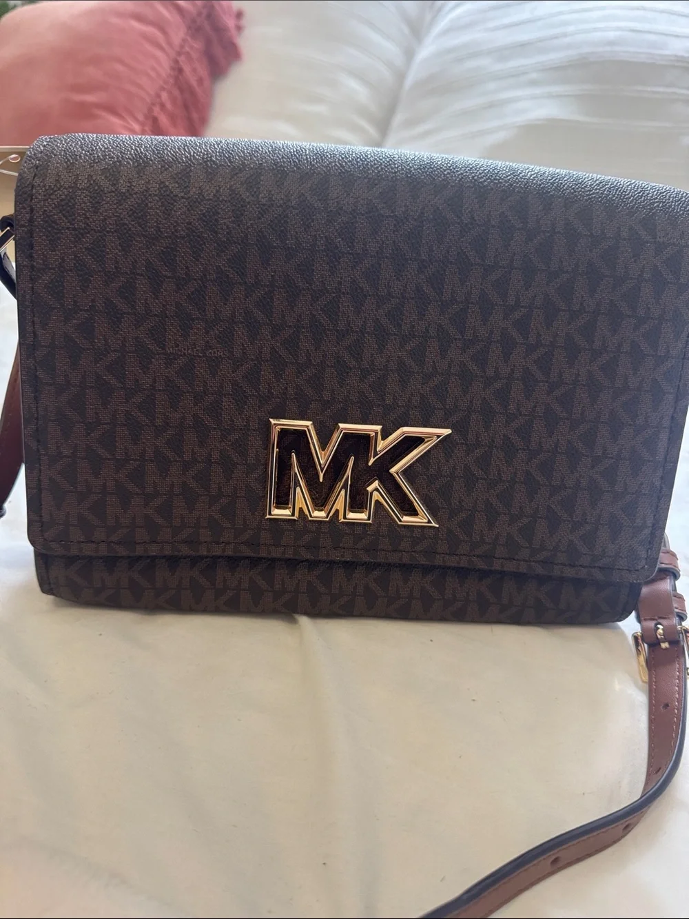 Michael Kors Dark Brown MK Monogram Messenger Bag with Gold Logo
